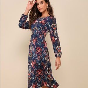Lulus Floral Print Blue Long Sleeve Midi Dress